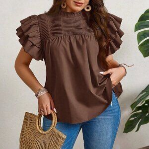 Brown Casual Women's Plus Size Ruffle Collar Blouse